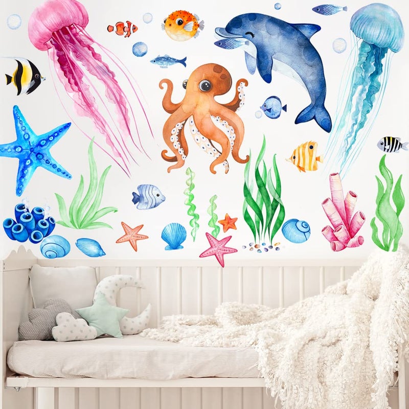 Sinekong 4 Sheets Ocean Fish Wall Decals Stickers Under The Sea Wall Decal Stickers Removable Sea Life Marine Animal Sticker Underwater Ocean Creatures Wall Decor for Kids Girls Boy Nursery Bedroom Bathroom - Image 5